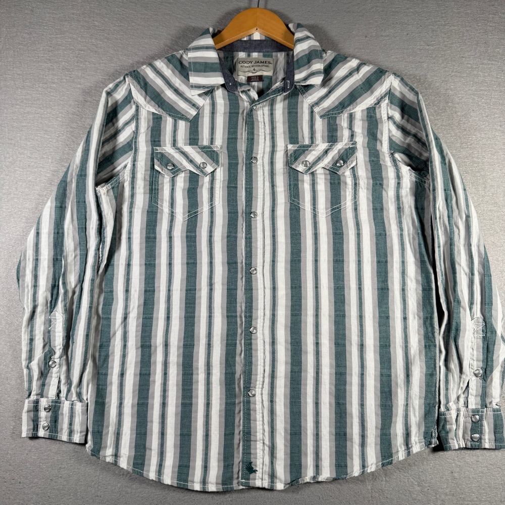 Cody James Mens Large Western Pearl Snap Striped Long Sleeve Cotton Shirt Teal‎